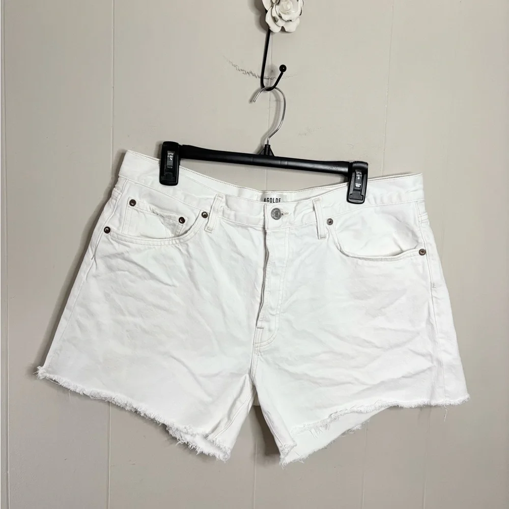 Agolde white Parker long shorts cut off raw hem size 32 organic cotton denim - Picture 6 of 8